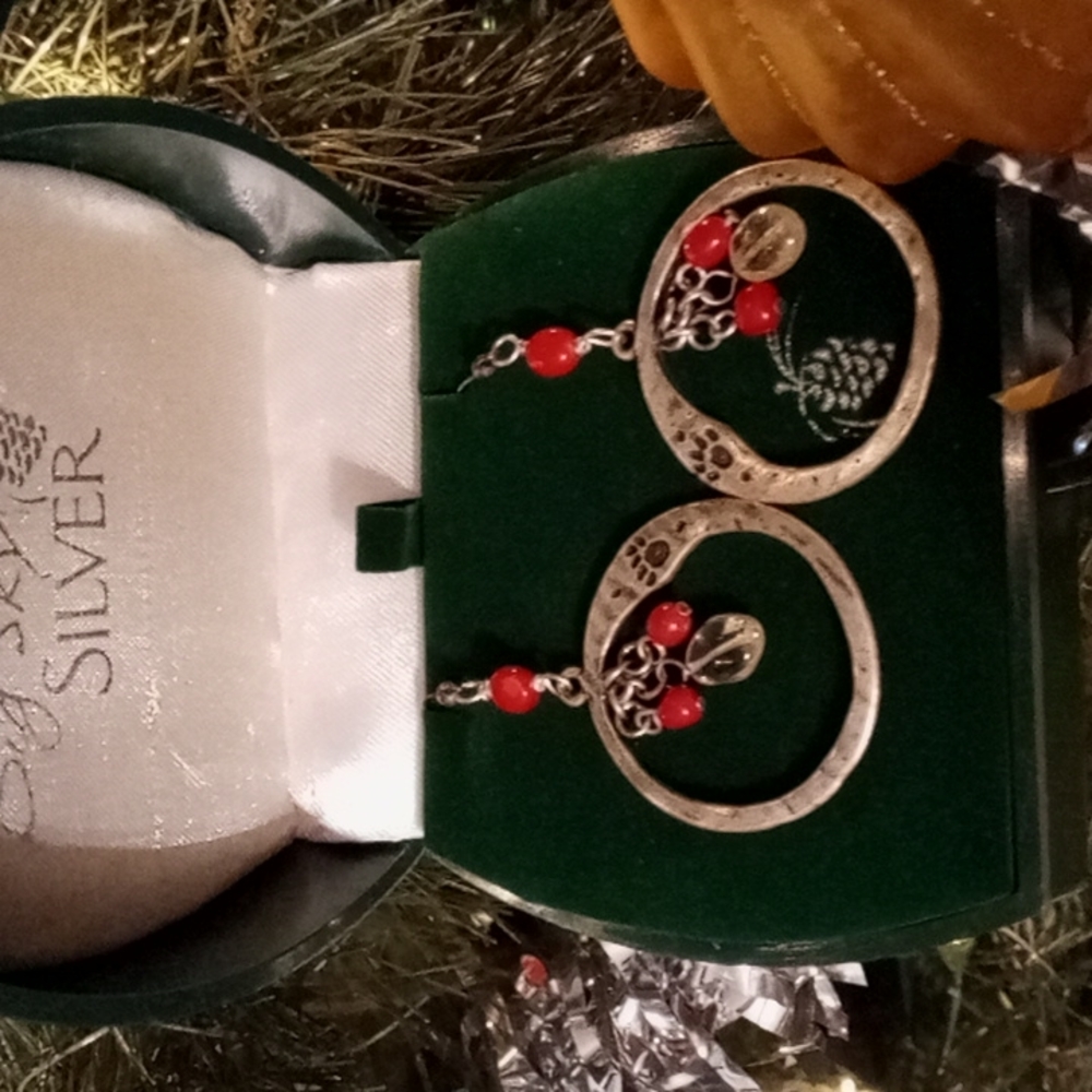 Big Sky Silver Large Circle Hoop W/ 3 Bead Dangled Fishhook Earrings